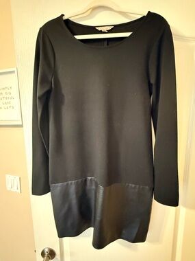 Banana Republic Black Long-Sleeve Shift Dress with Faux Leather Panel
